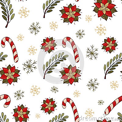 Amela, snowflakes, candy canes and green twigs. Christmas seamless vector pattern. Vector Illustration